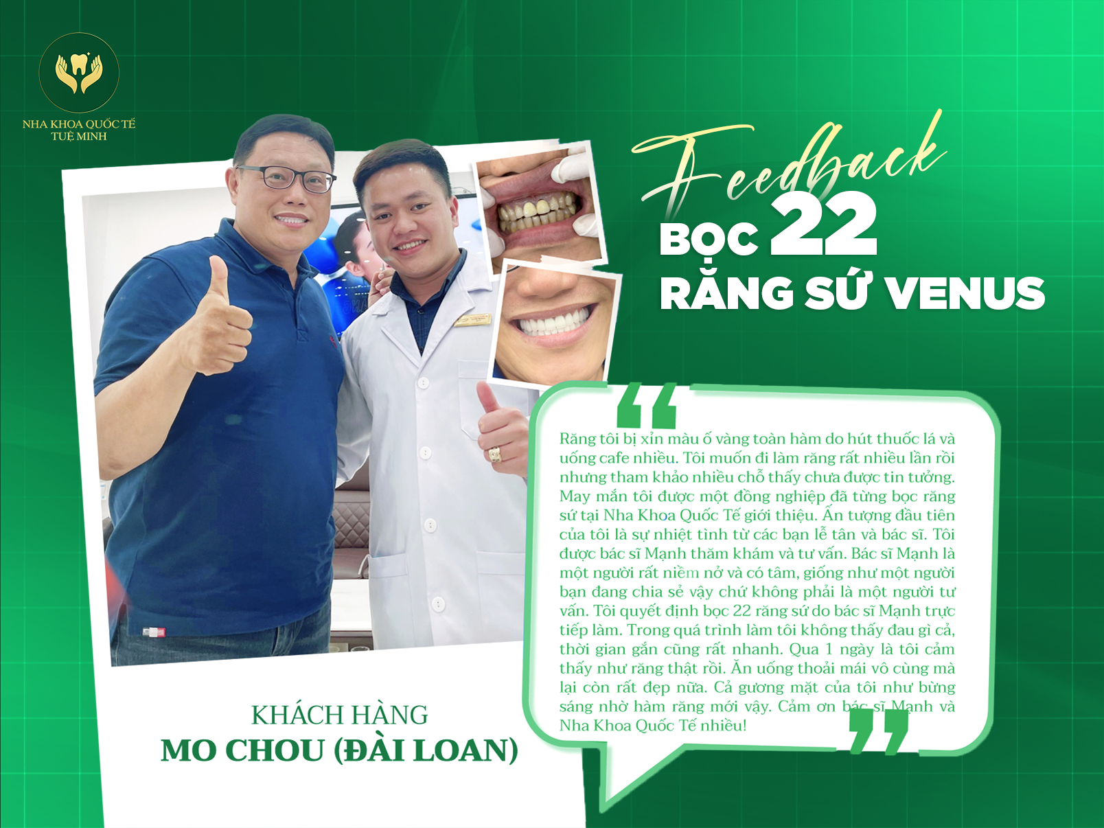 Feedback BỌC 22 RĂNG SỨ VENUS